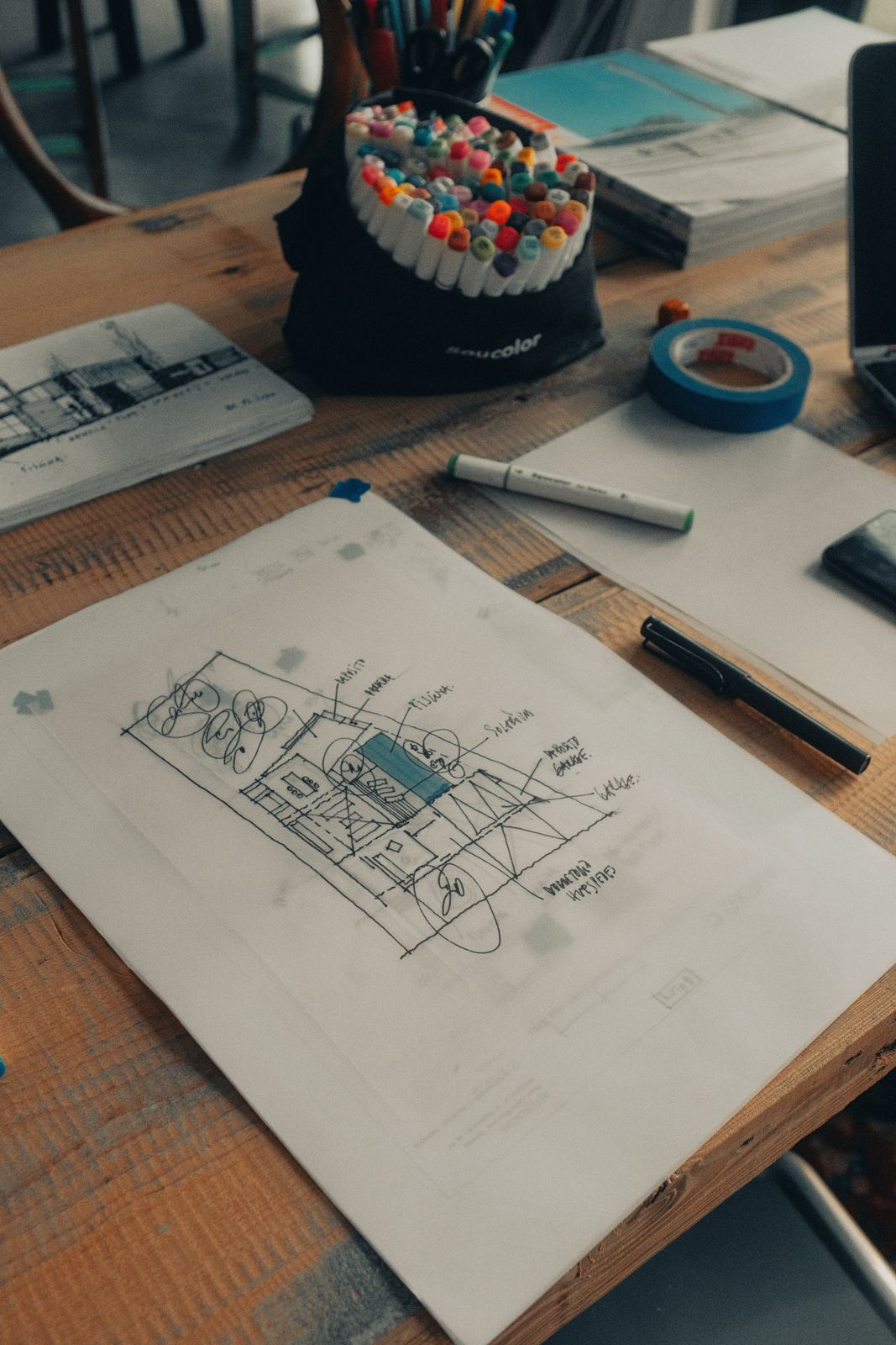 Croqui de estudo arquitetônico sobre a mesa